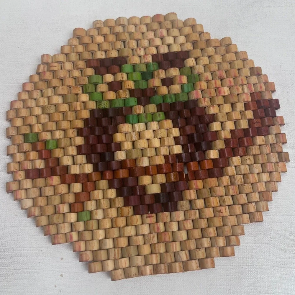 Vintage Beaded Wood Owl Trivet Round Brown Green Handmade Kitchen Hot Pad 7n